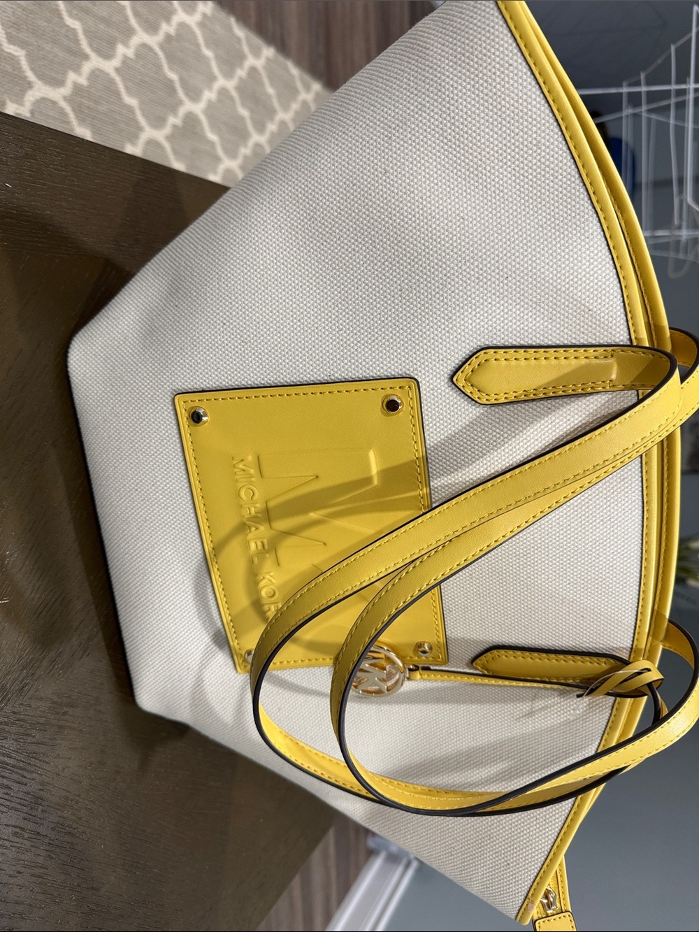 Michael Kors White Canvas Tote with Yellow Leather Trim